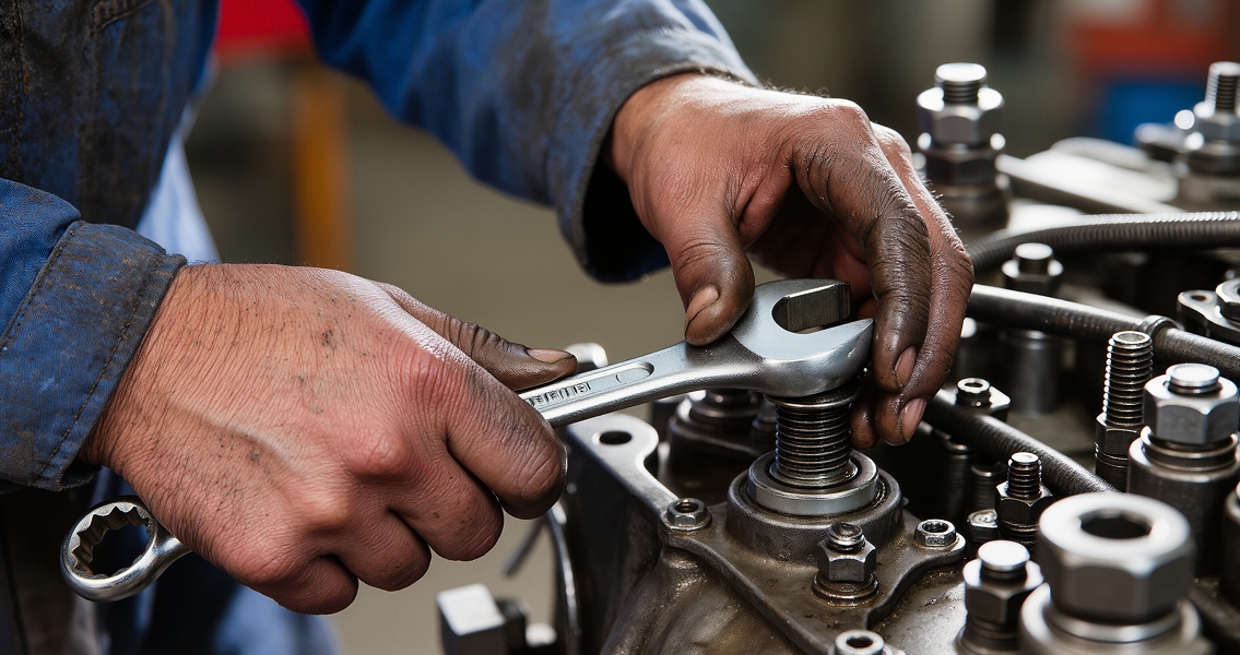 Mechanic's hands using a wrench to adjust a metal component on machinery, surrounded by bolts and nuts. The hands are slightly dirty, indicating hard work.