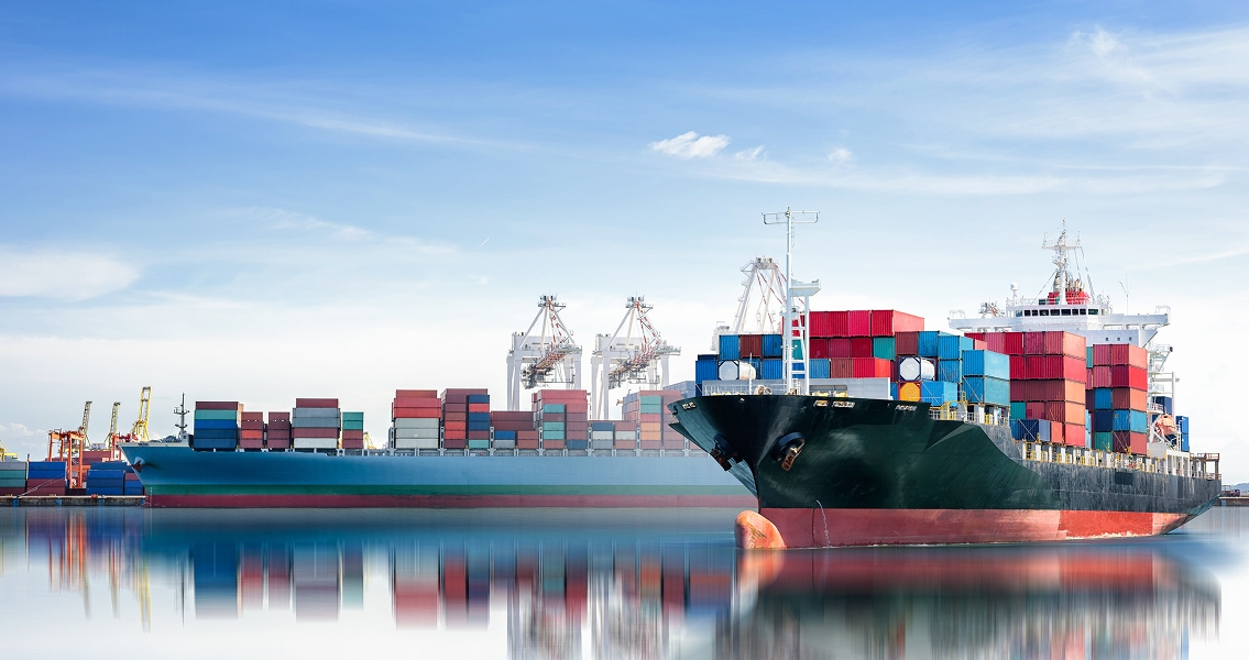 Two large cargo ships loaded with colorful containers are docked at a port under a clear blue sky. Several cranes are visible in the background.