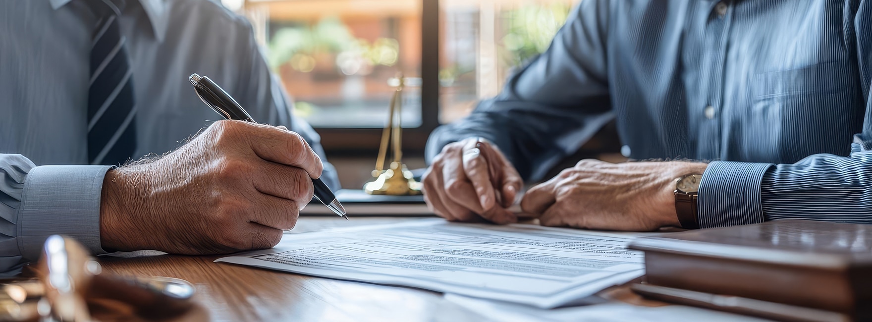 Two people are sitting at a desk, reviewing and signing documents. A balance scale is visible in the background, suggesting a legal or business setting.
