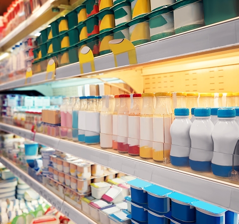 Shelves filled with colorful yogurt and dairy drink containers in a grocery store. Bright lighting, organized display, and vibrant packaging create an inviting atmosphere.